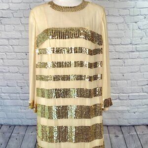 Vintage 60s Mod Cream Chiffon Party Dress Sheer Gold Stripe Sequins READ S/M
